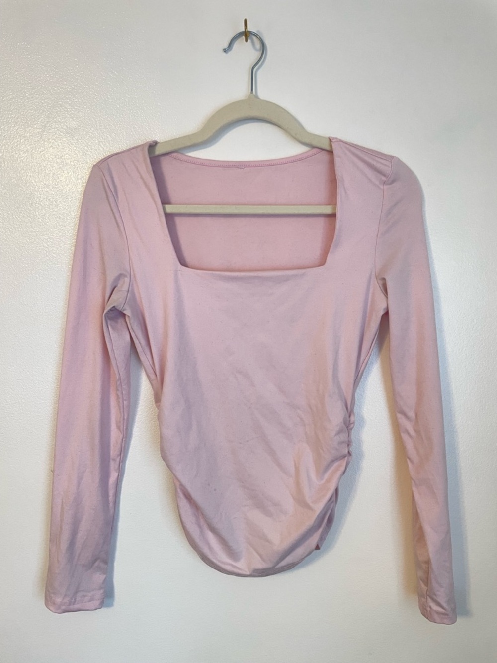 Pink fitted long sleeve top with square neck and ruched sides fits like xs/s